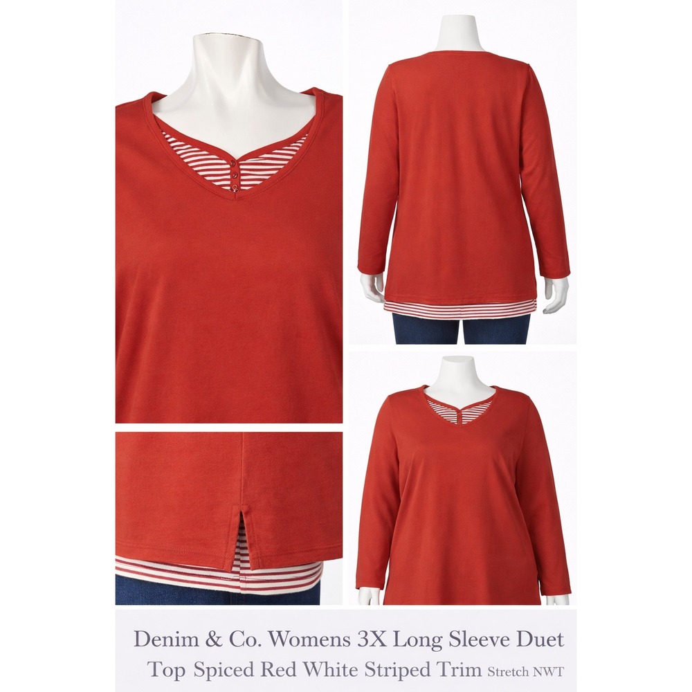 Denim & Co Womens 3X Long Sleeve Duet Top Spiced Red White Striped Trim A202925